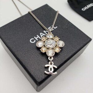 Authentic CHANEL CC with stone Necklace Silver Color